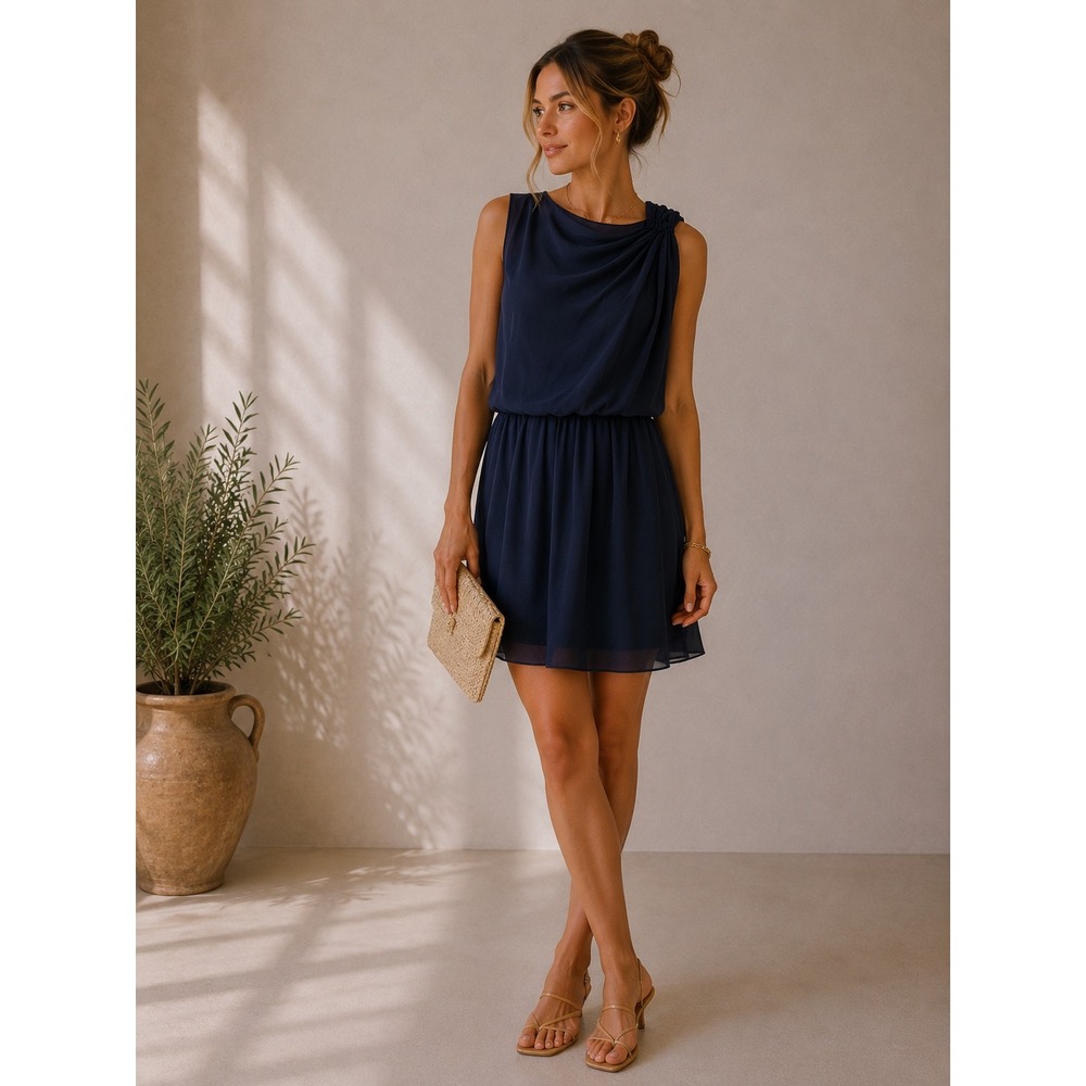 Alice + Olivia Dress Womens S Navy Blue Silk Chiffon Draped Mini 80C205619410